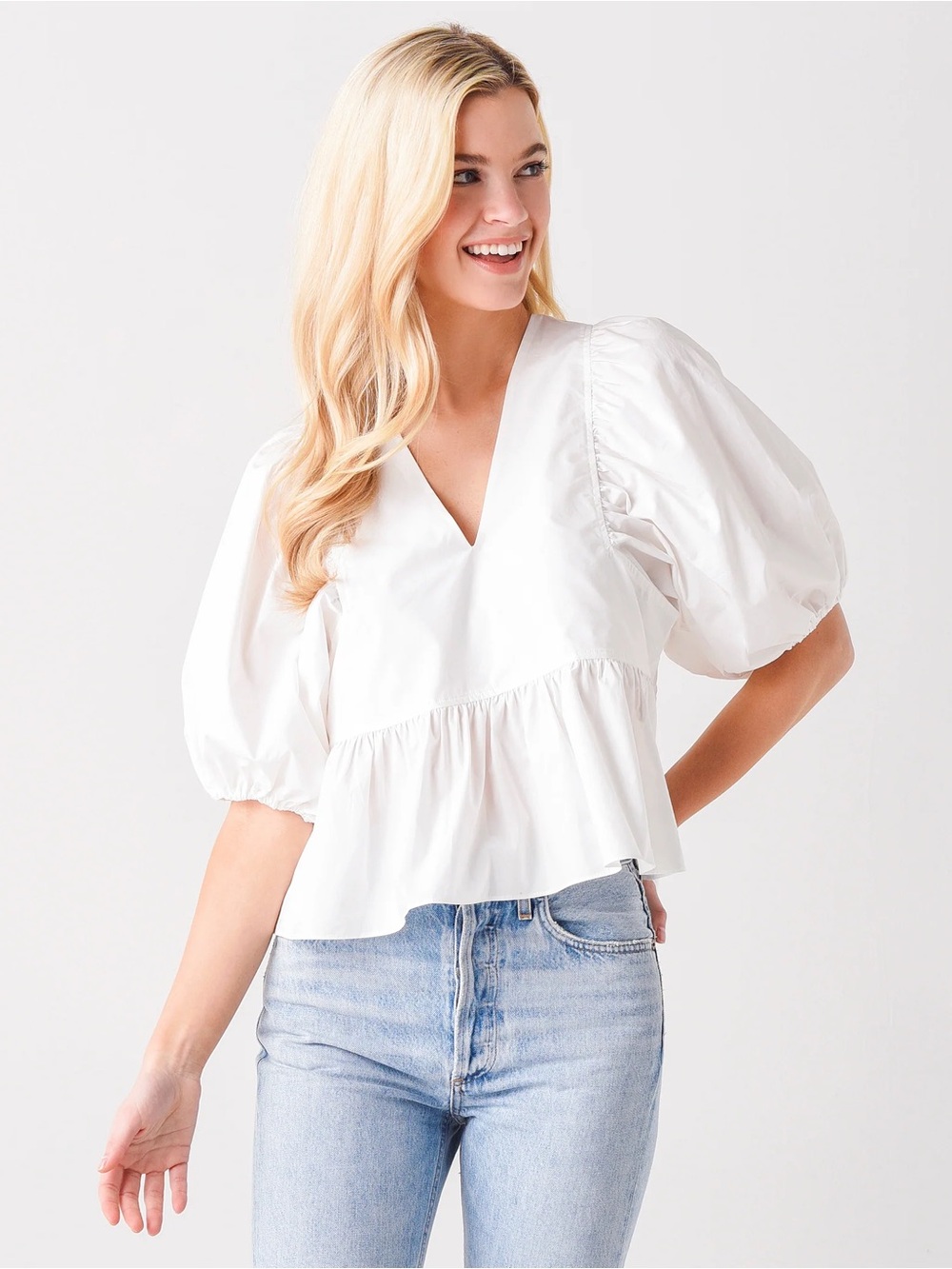 HUNTER BELL White V-Neck Peplum Puff-Sleeve Blouse
